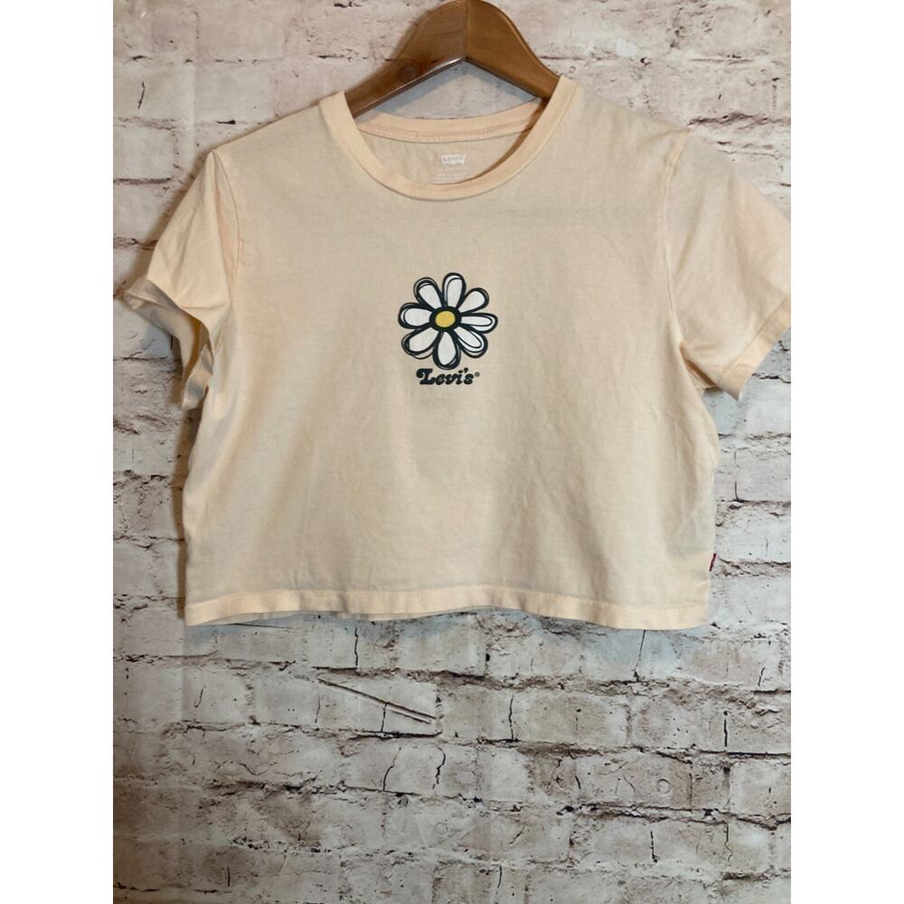 Levi's Crop Top Womens Small Peach Daisy Print Cotton Stretch Cropped Casual Tee